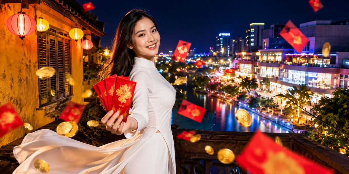 Người phụ nữ mặc áo dài truyền thống tại Hội An đang xem thông báo khuyến mãi trên điện thoại